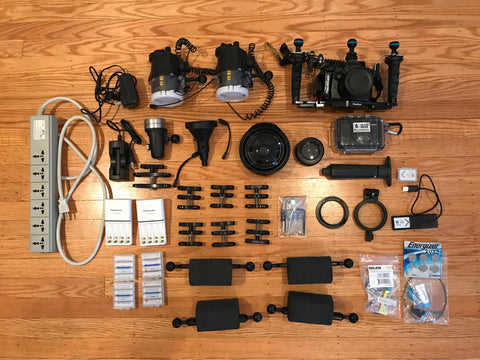 Photography gear laid out on the floor