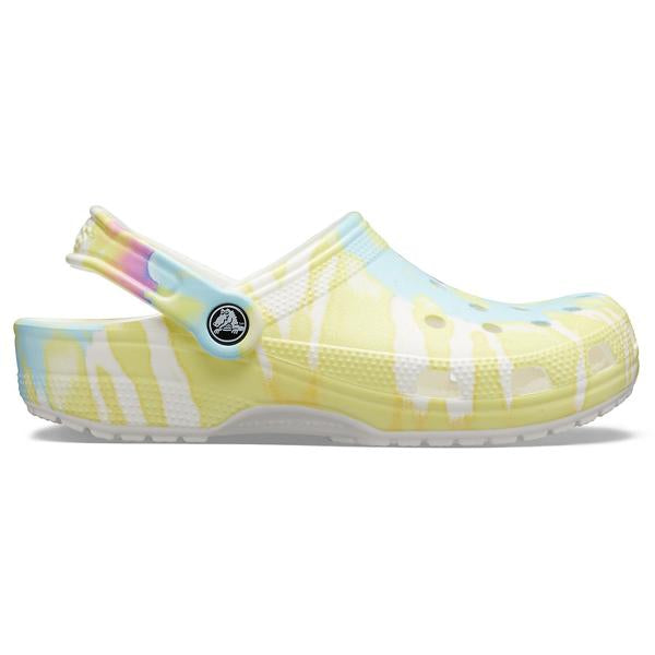 white and multi classic tie dye graphic clog
