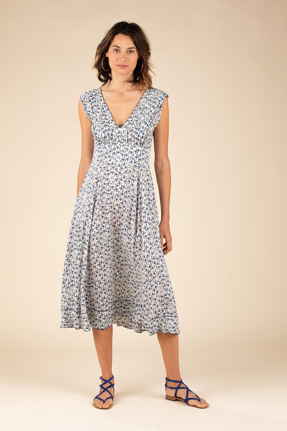 Midi Dress Daisy Pleated - White Blue Bell