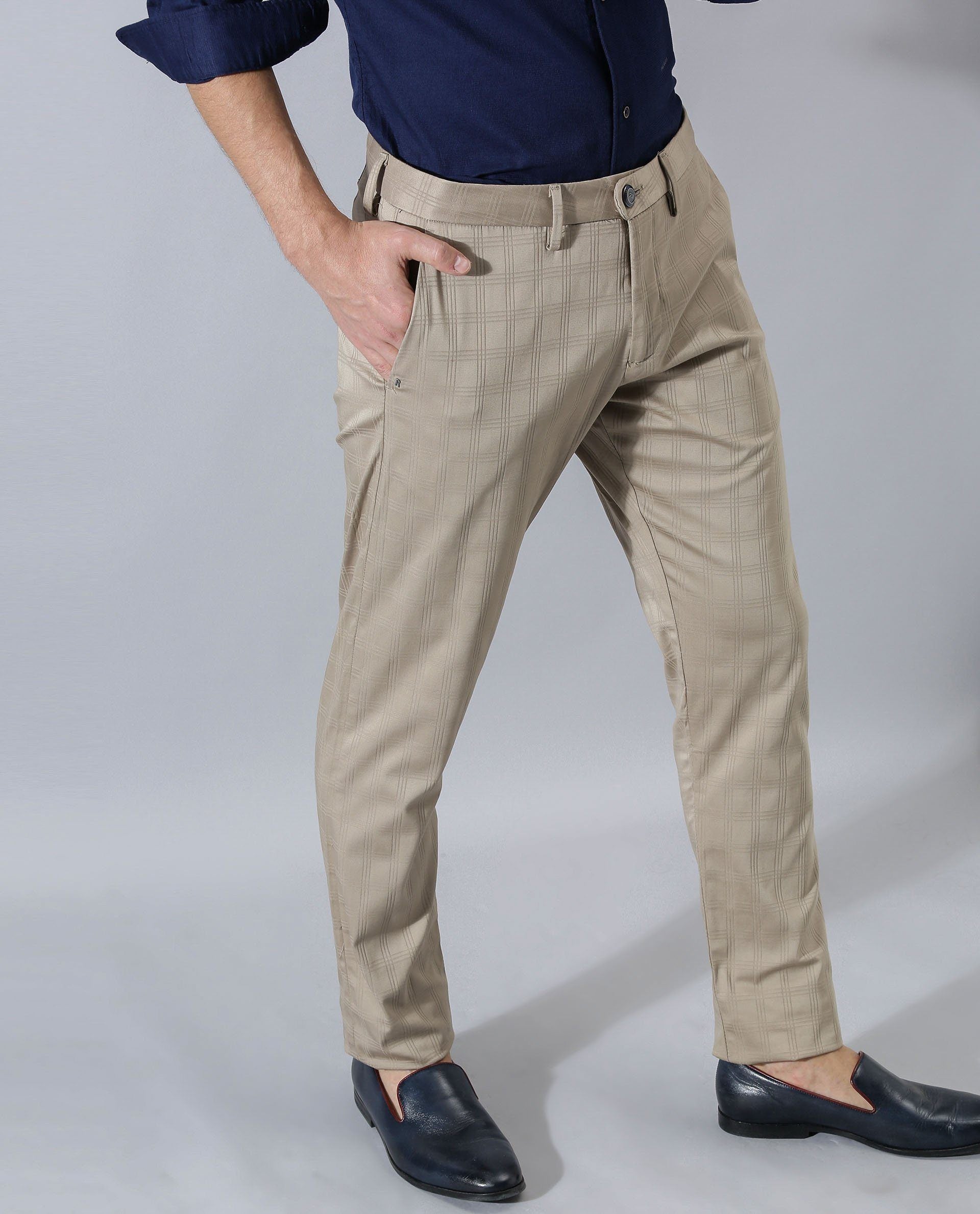 SWISS- CHECK SLIM FIT MEN'S TROUSER - BEIGE TROUSERS RARE RABBIT