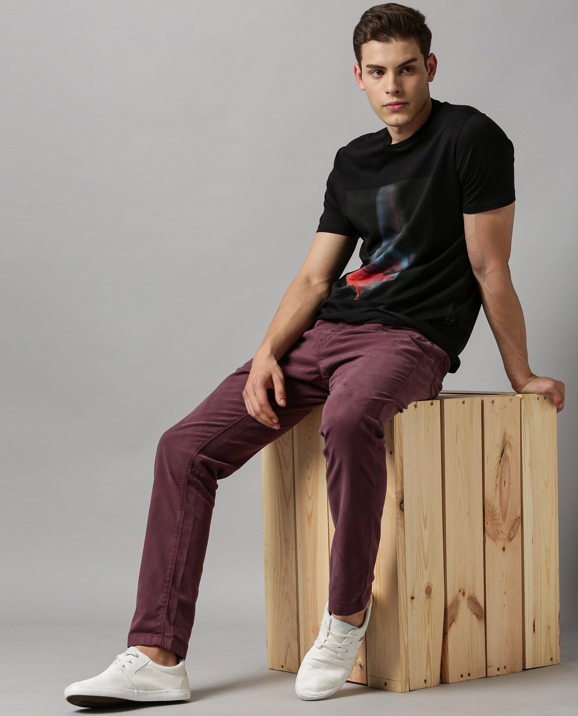 SPOCK-3 - SOLID DENIM C - MAROON DENIM PANT RARE RABBIT