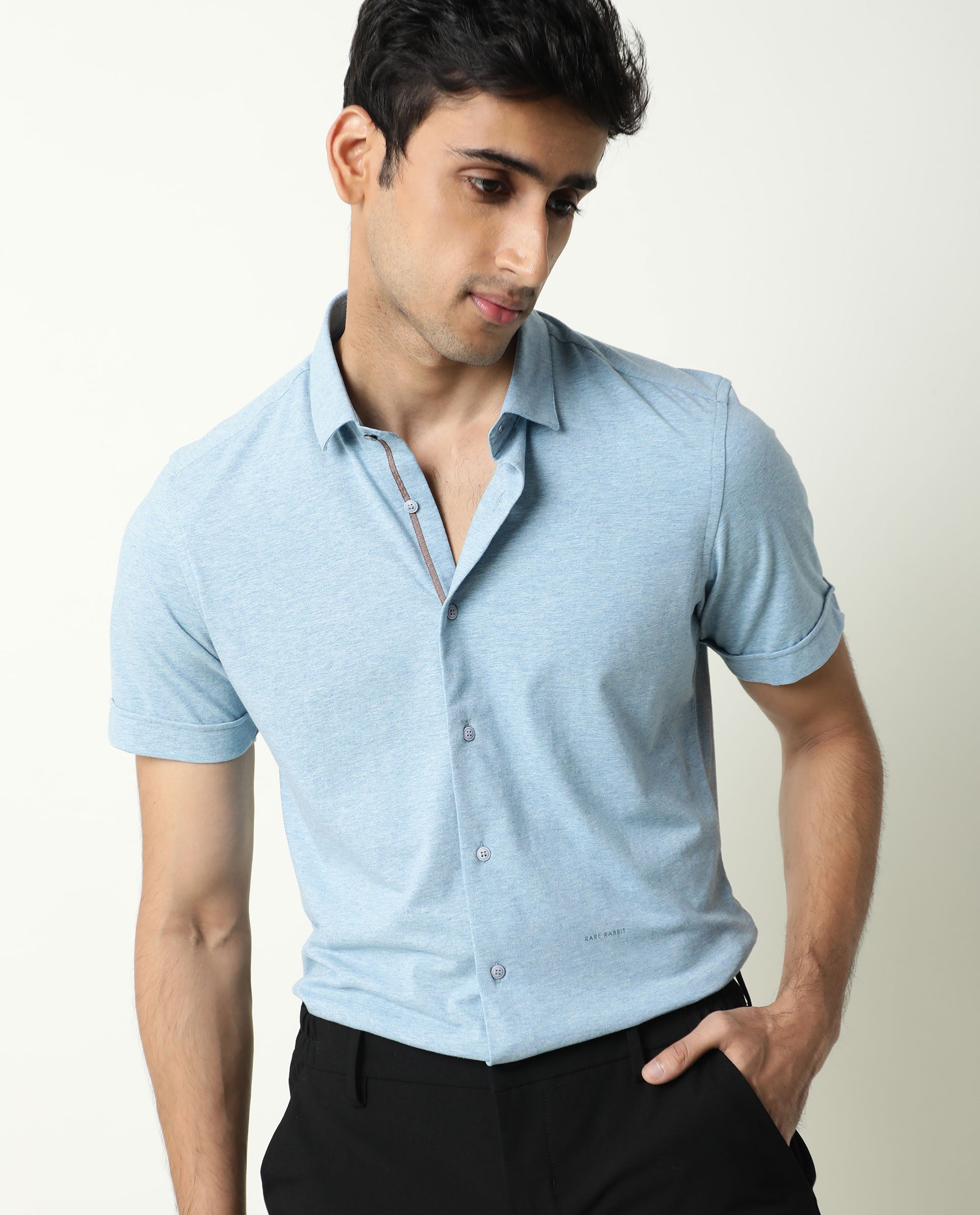 MIRAJ- MENS KNIT PLAIN SHIRT - BLUE SHIRT RARE RABBIT