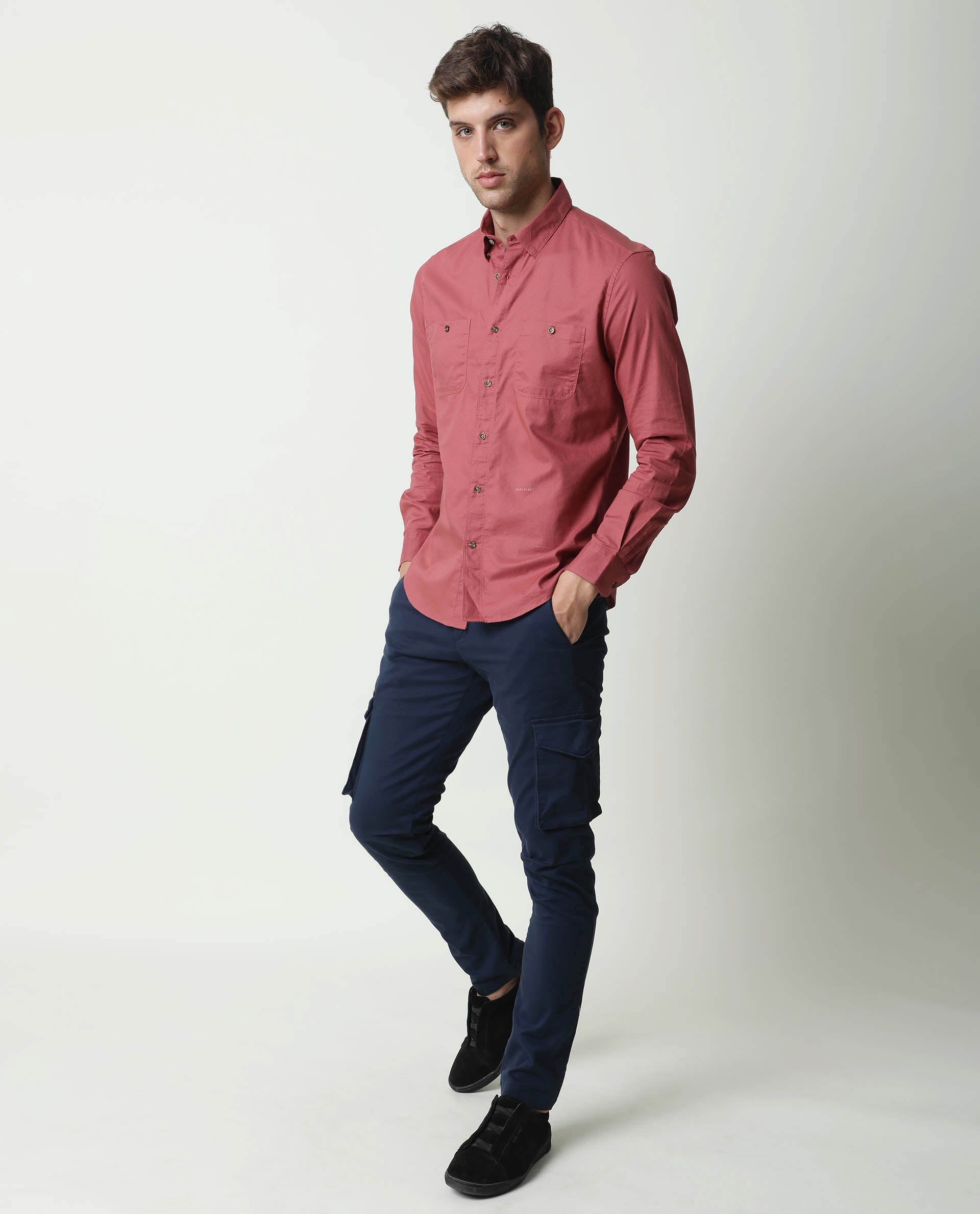 HARRINBONE- PLAIN SLIM FIT MENS SHIRT - MAROON SHIRT RARE RABBIT