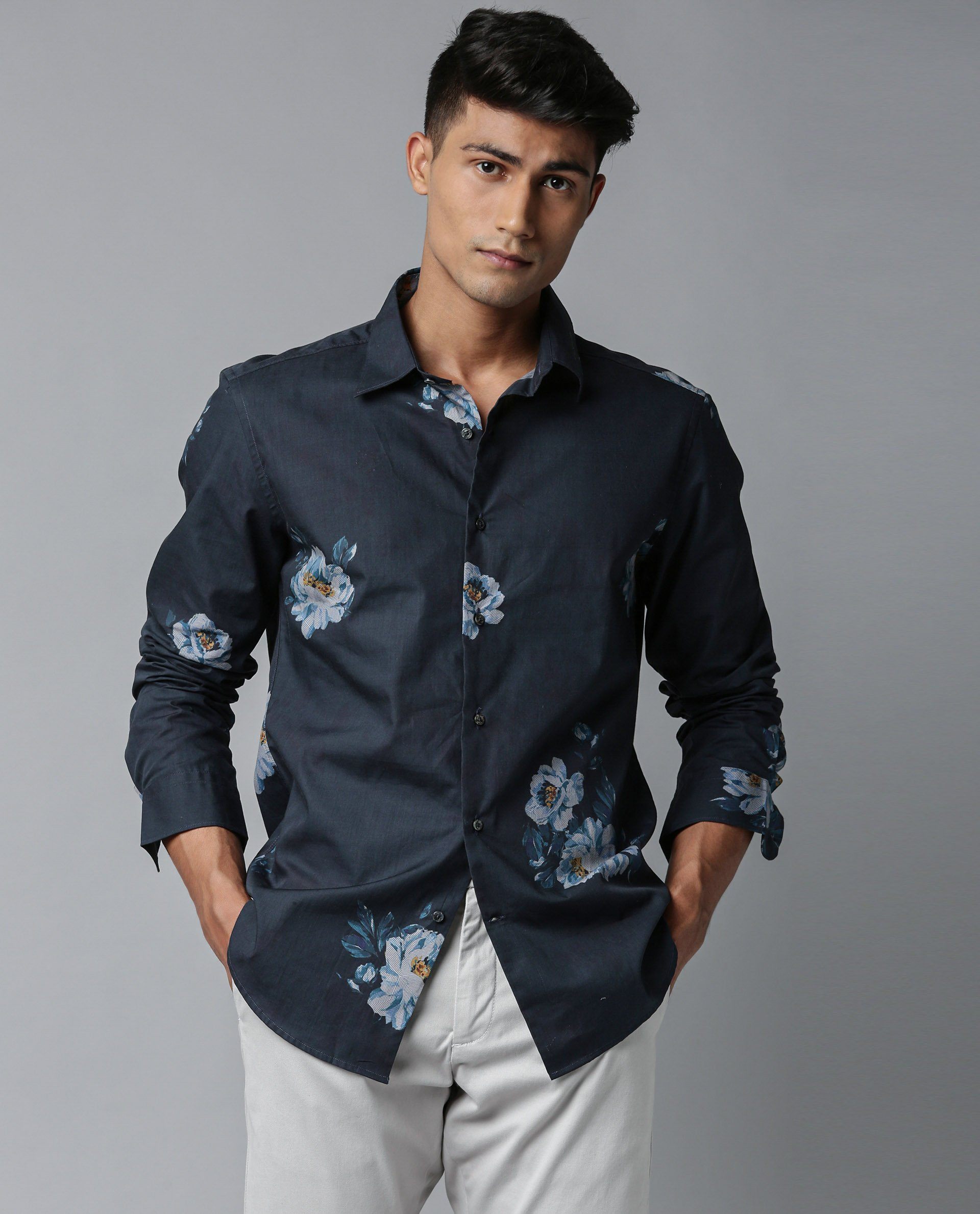 SHADOW- SLIM FIT PRINTED SHIRT - NAVY