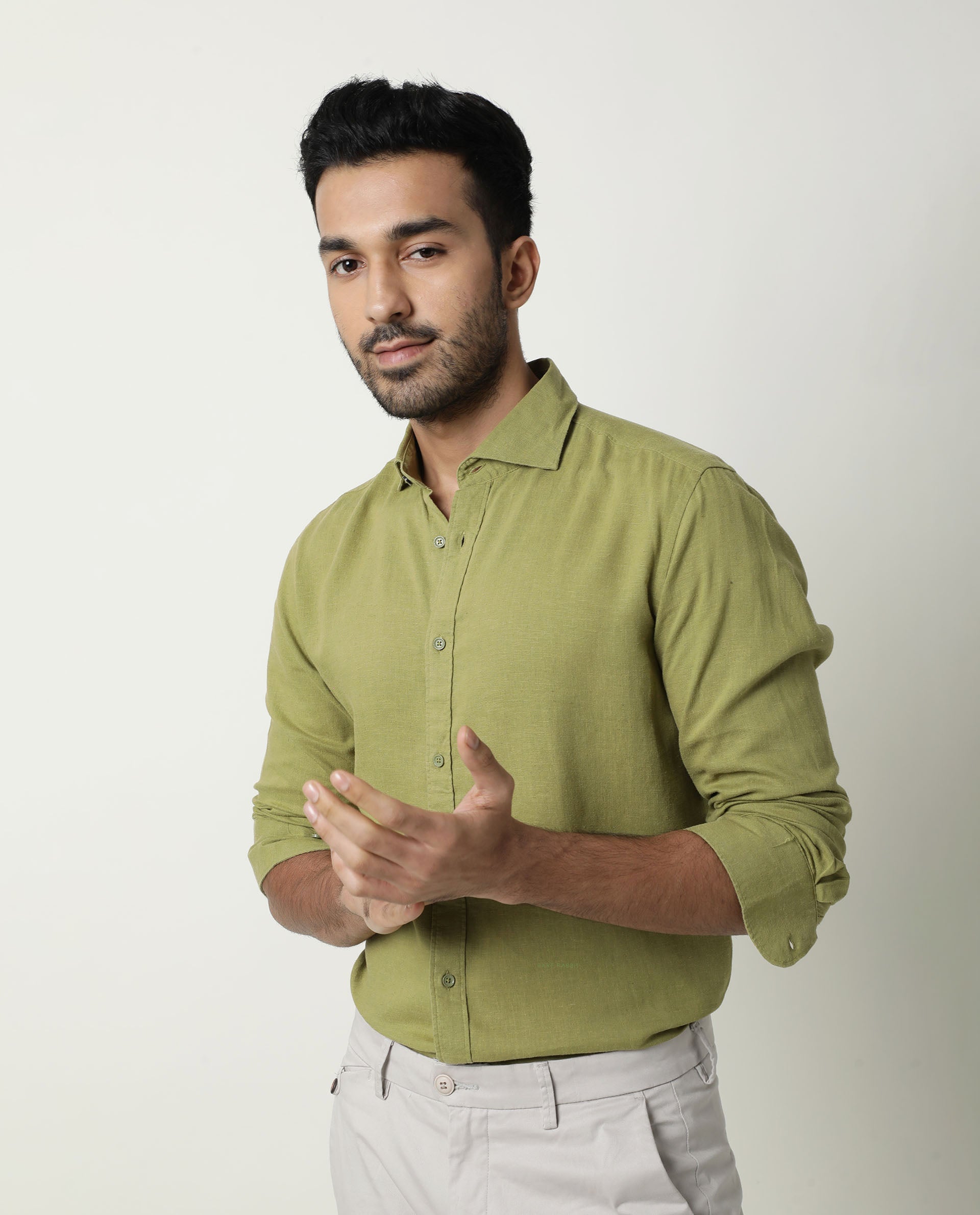 GENOVA- PLAIN LINEN MEN SHIRT - GREEN SHIRT RARE RABBIT