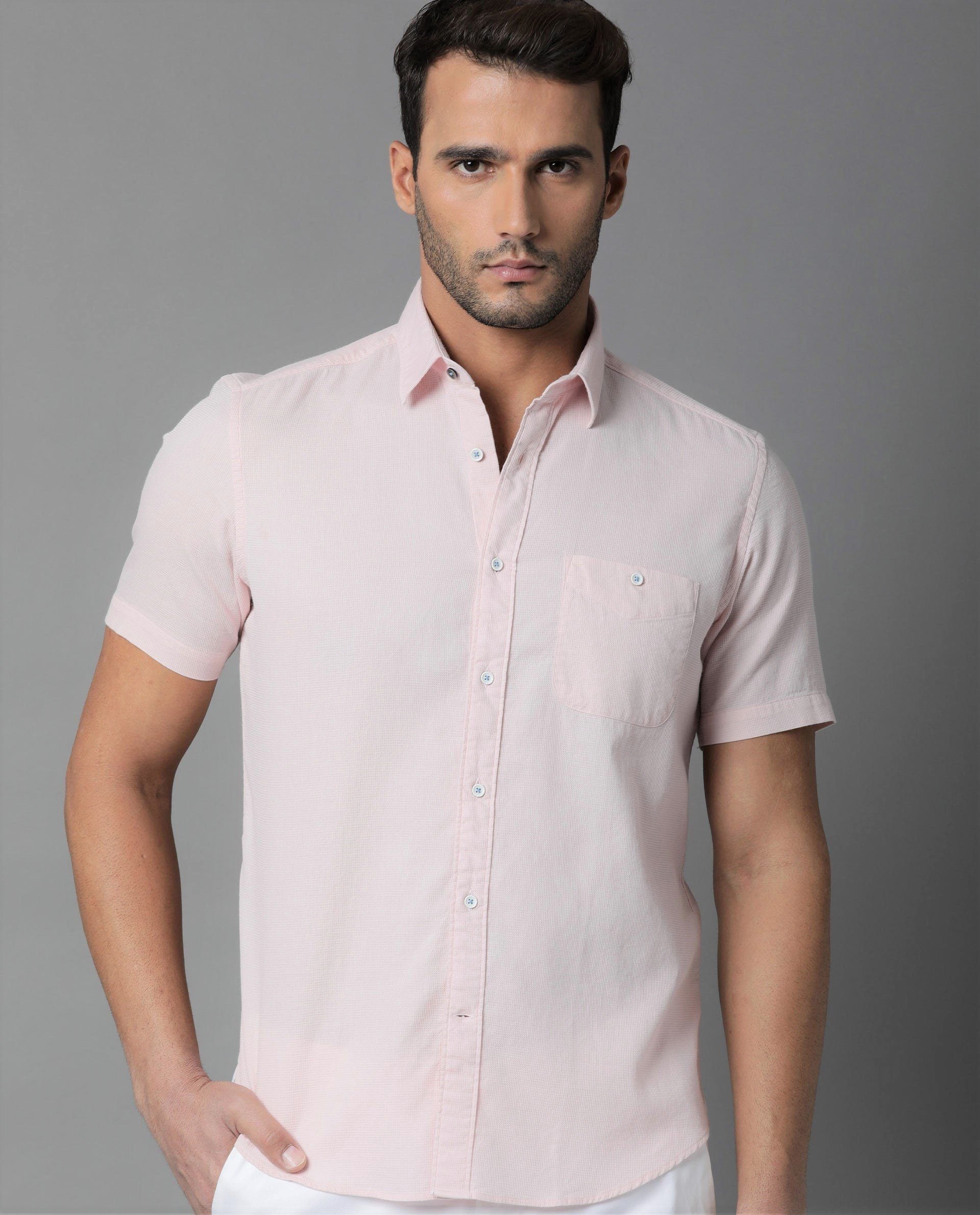 AFFEL- TEXTURED HALF SLEEVE MENS SHIRT - PINK SHIRT RARE RABBIT