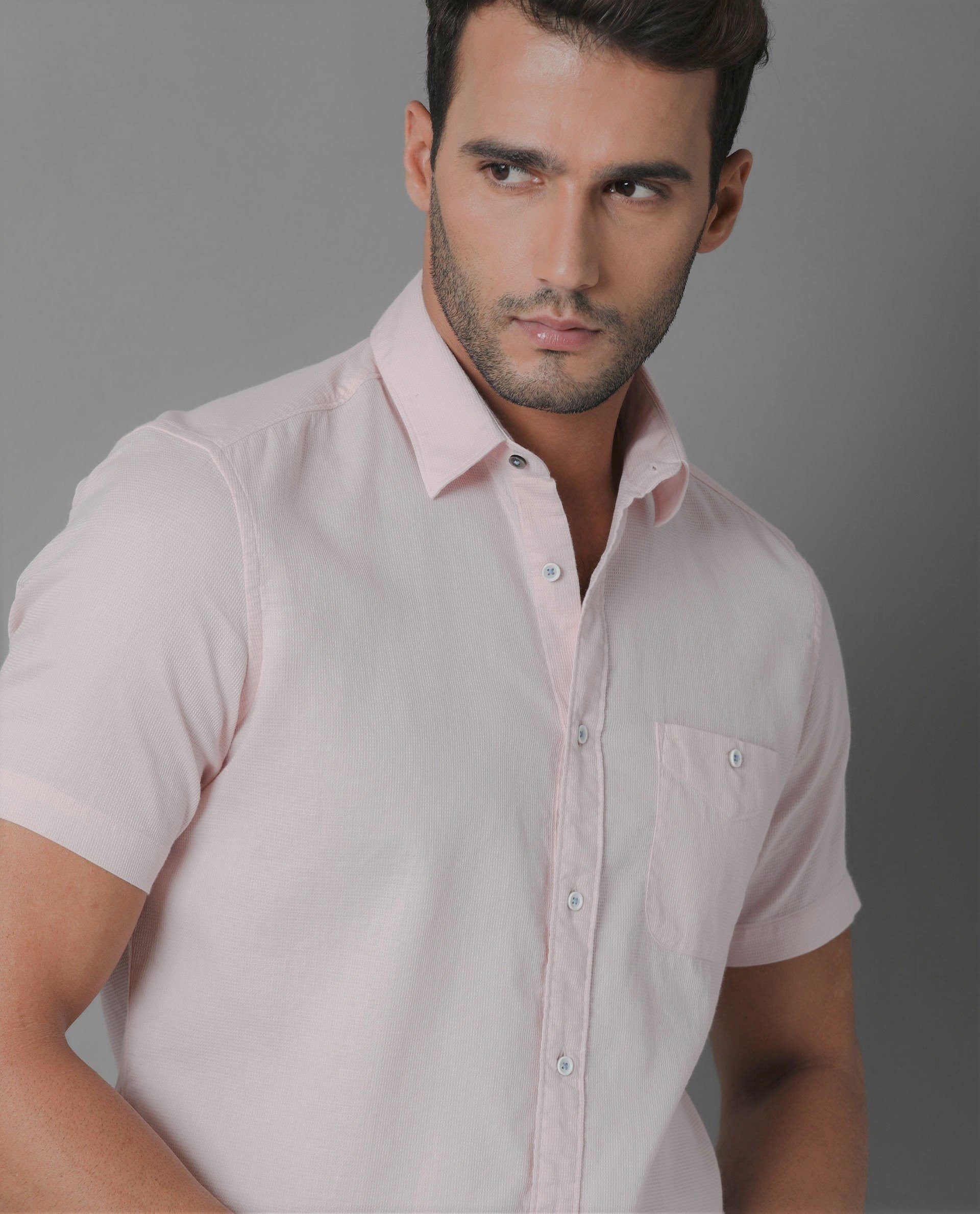 AFFEL- TEXTURED HALF SLEEVE MENS SHIRT - PINK SHIRT RARE RABBIT