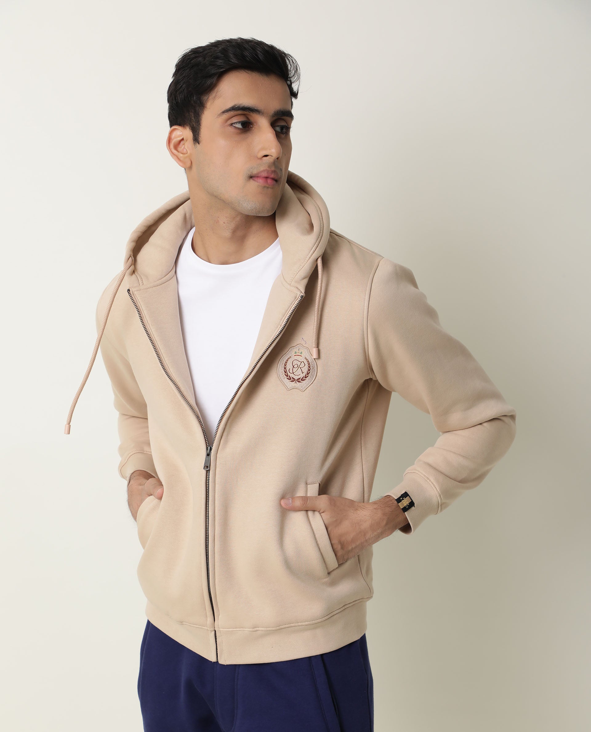 STAR- HOODED MENS FLEECE SWEATSHIRT - BEIGE SWEATSHIRT RARE RABBIT