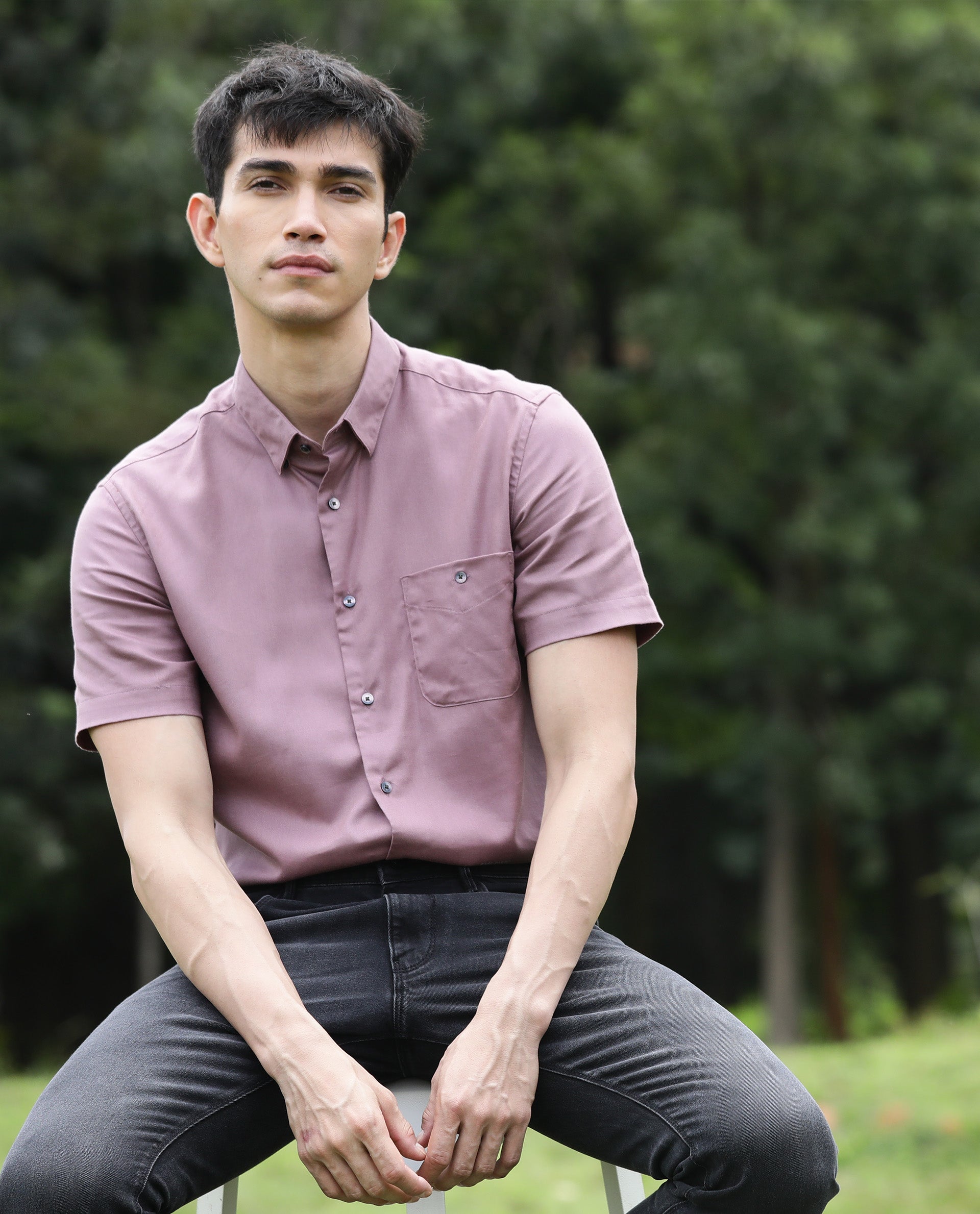 MARAL R- TENCEL PLAIN HALF SLEEVE SHIRT - PINK SHIRT RARE RABBIT