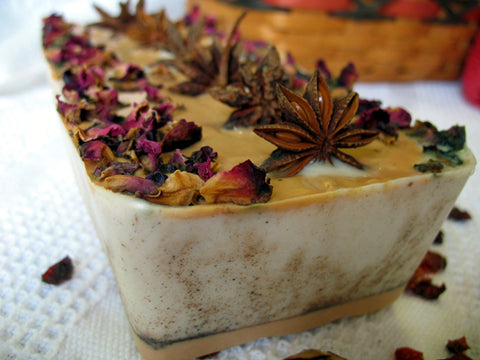 a full 4 pound loaf of soap decorated for fall for guests to slice their own spiced soap bar, wrap themselves and take home
