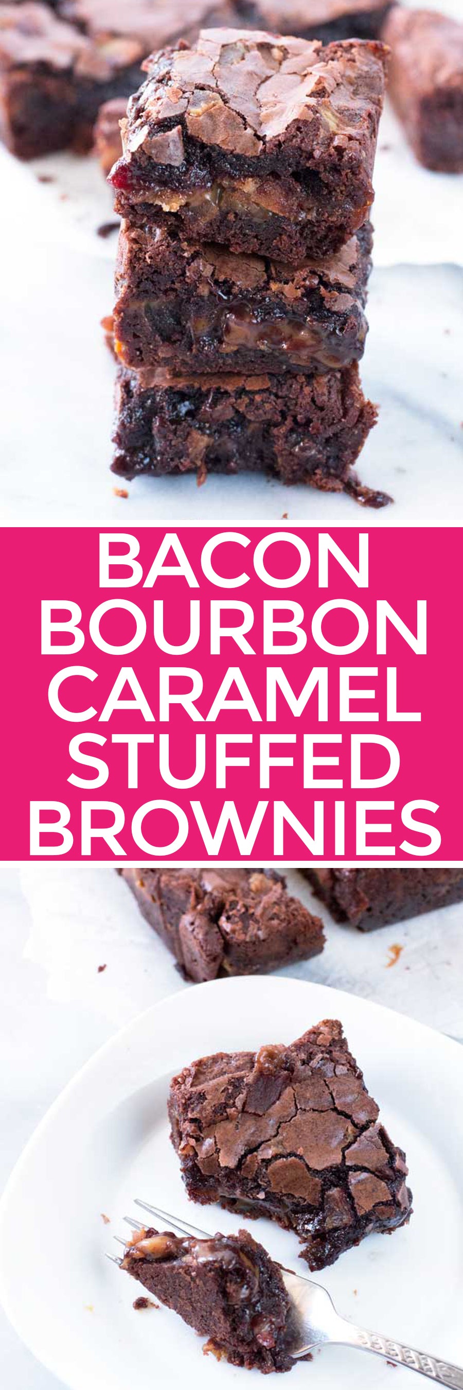 Bacon Bourbon Caramel Stuffed Brownies | pigofthemonth.com #chocolate #dessert