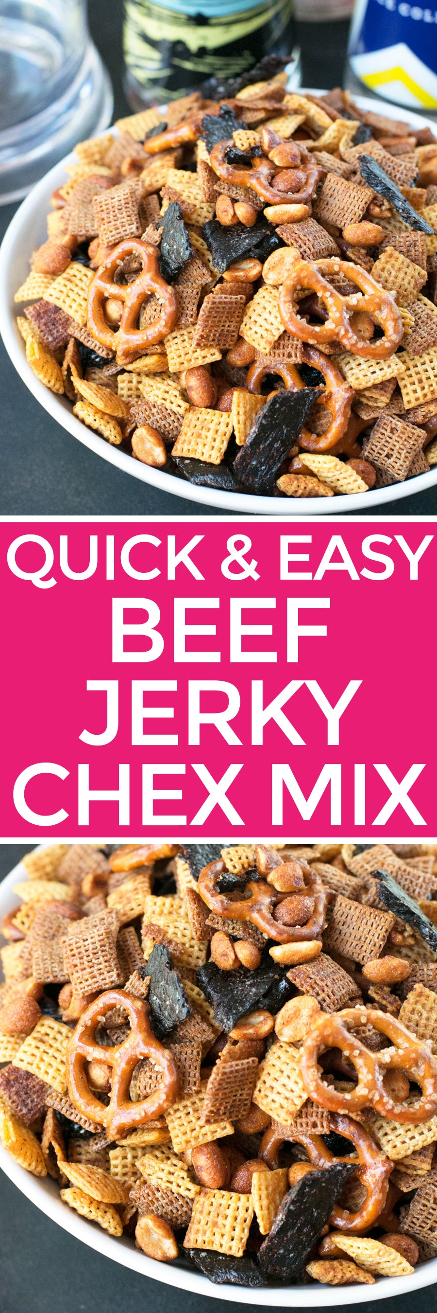 Quick & Easy Beef Jerky Chex Mix | pigofthemonth.com #snack #tailgating