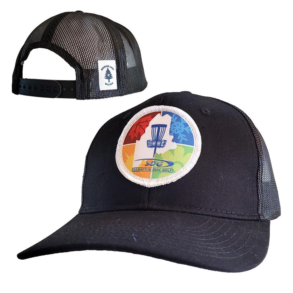 Black "Trucker Style Snap Back" hat with SDG trainzwholesale 4 Seasons logo in color patch sewn on front-rear view of hat with snap size adjuster and Rogue Wear logo