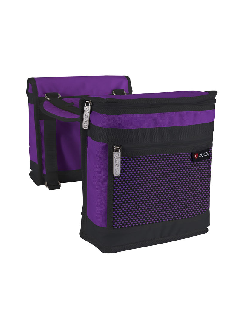 Zuca Saddle Bag Set shown in Purple- One side cooler pouch the other side storage pouch with zippered pocket on front, includes a comfy built-in seat cover in between  