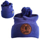 True Royal Knit Pom Pom Beaning with SDG trainzwholesale Laser Engraved on leather patch that is sewn to the front of the hat, also a back view of the hat with the Rogue Life Maine logo on a small white tag sewn to the hat rim 