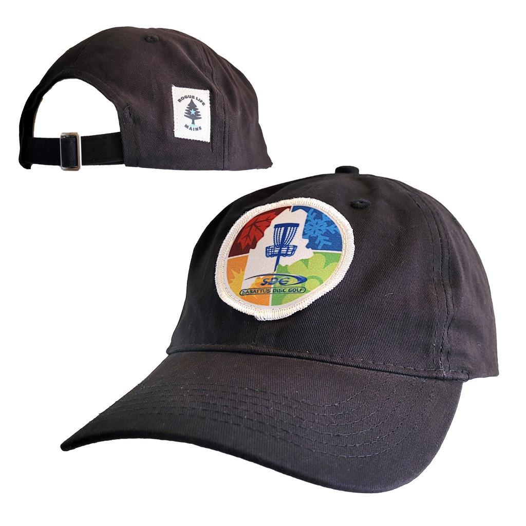 Black "Dad Style" hat with SDG trainzwholesale 4 Seasons logo in color patch sewn on front-rear view of hat with slide size adjuster and Rogue Life Maine logo