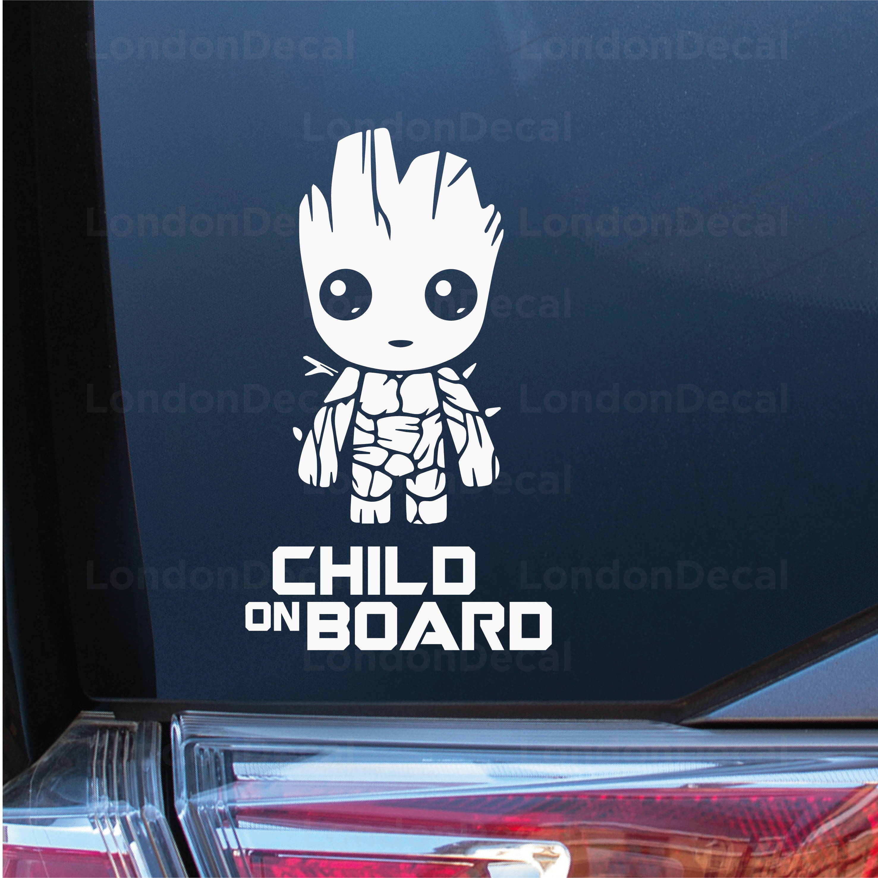 saai band Ontembare Child On Board Car Vinyl Decal Sticker, Baby Groot Inverted - LondonDecal