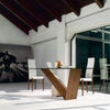 Valentino ruokapöytä, 110 x 220 cm, ovaali , kirkaslasi/ travertino jalusta - Spazio