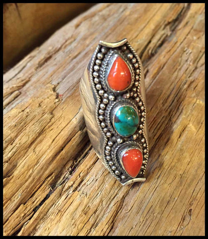 red coral and turquoise ring bohemian jewelry sterling silver