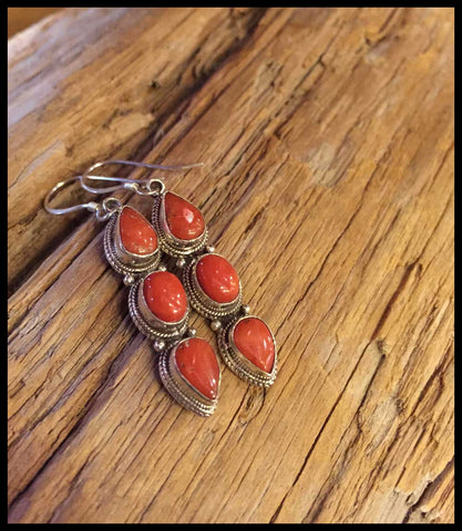 red coral and sterling silver earrings fairtrade boho jewelry