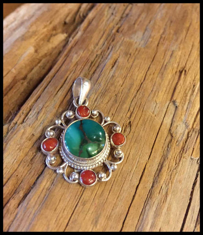 turquoise and red coral pendant necklace bohemian fairtrade jewelry sterling silver