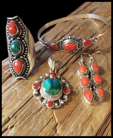 turquoise and red coral jewelry set sterling silver fair-trade tibetan bohemian style