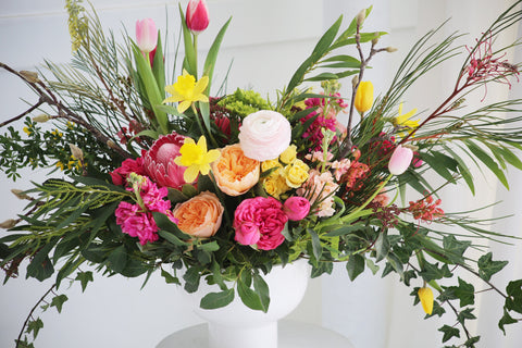 closeup of large table arrangement for workshop at Oh Happy Day Studios