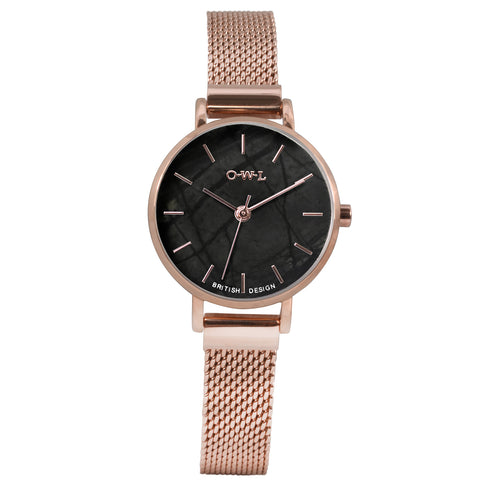 Rose gold mesh watch small balck natural stone dial