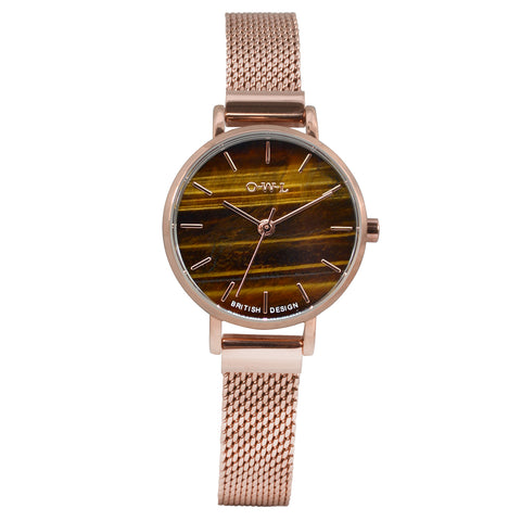 Small rose gold . ladies watch with tiger eye natural stone dial