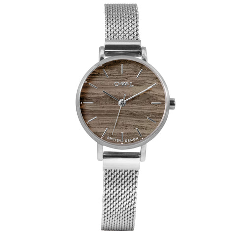 Silver mesh watch withnatural stone grey marble dial 