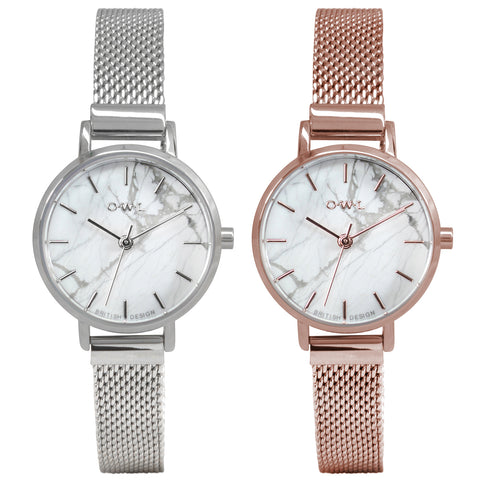 White stone dial on am ladies small mesh watch in silver or rose gold