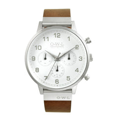 Mens white dial chronograph on a brown strap watch