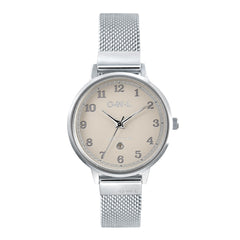 Ladies rose silver mesh watch with calendar
