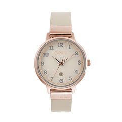 Ladies rose gold mink leather strap watch with calendar