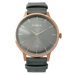mens rose gold watch on a grey leather strap