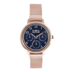 Ladies rose gold mesh watch with day date and calendar