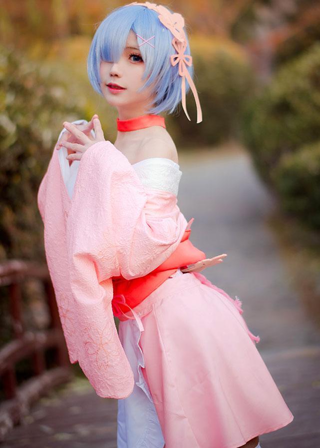 Re:Zero Japanese Anime Rem Cherry Blossom Maid Kimono Dress Cosplay