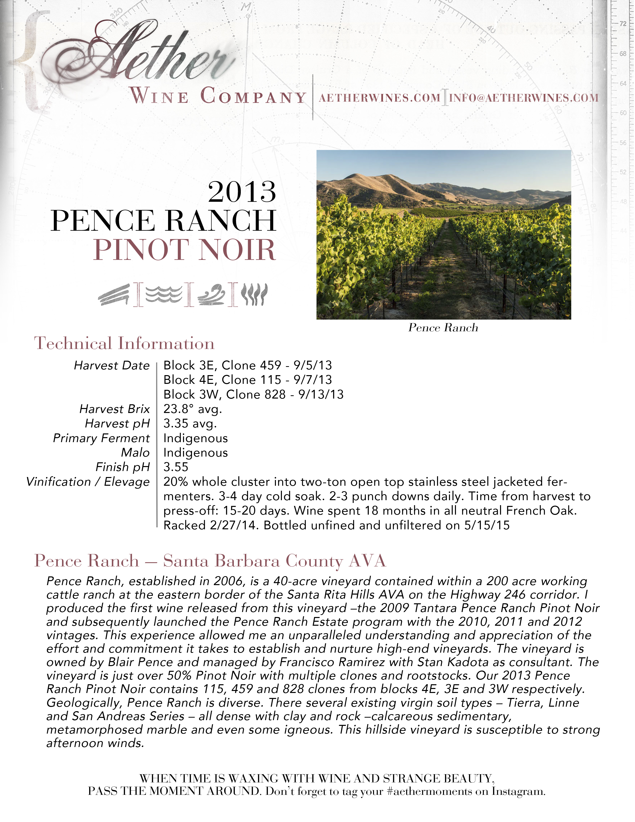 2013 Aether Pence Ranch Pinot Noir Tech Sheet