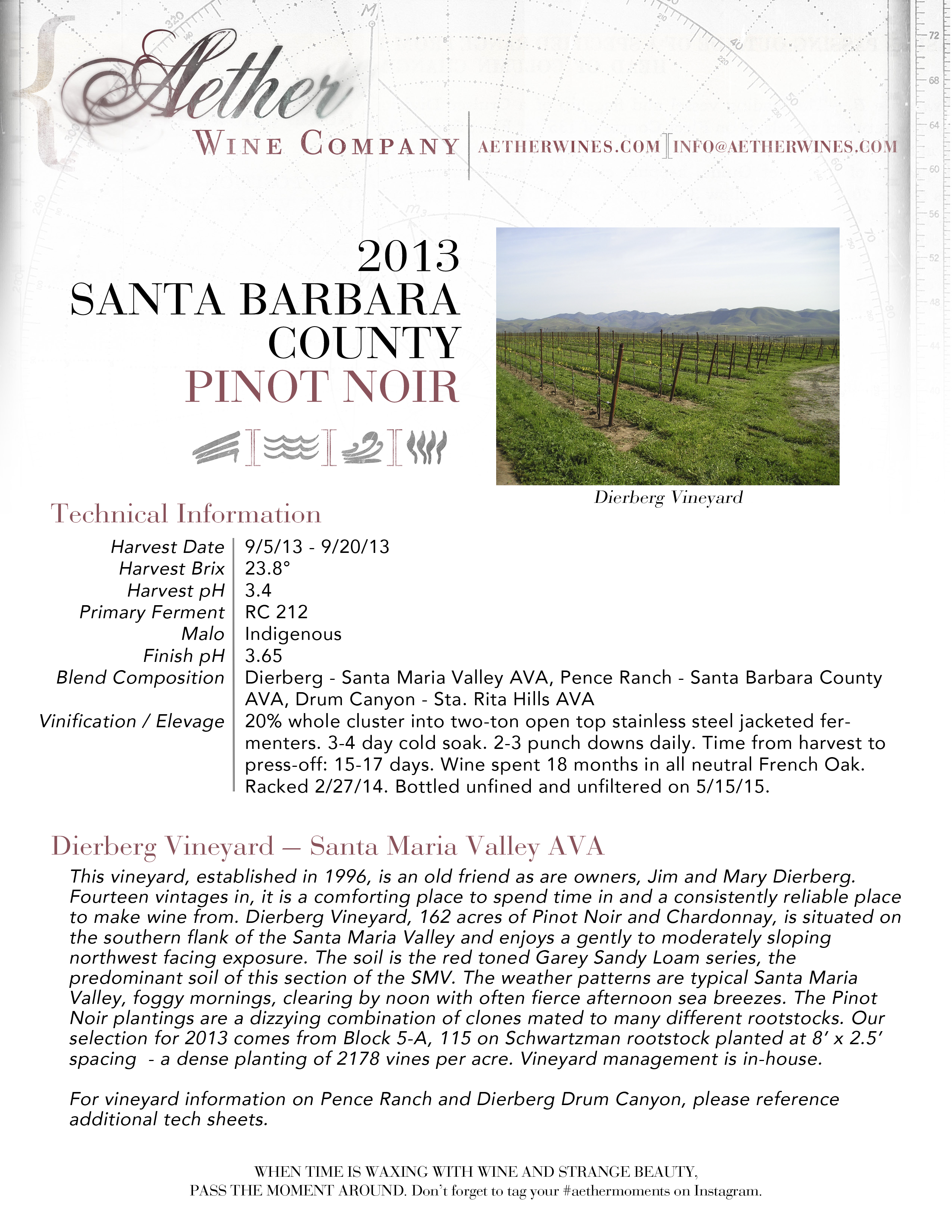 2013 Aether Santa Barbara Count Pinot Noir Tech Sheet