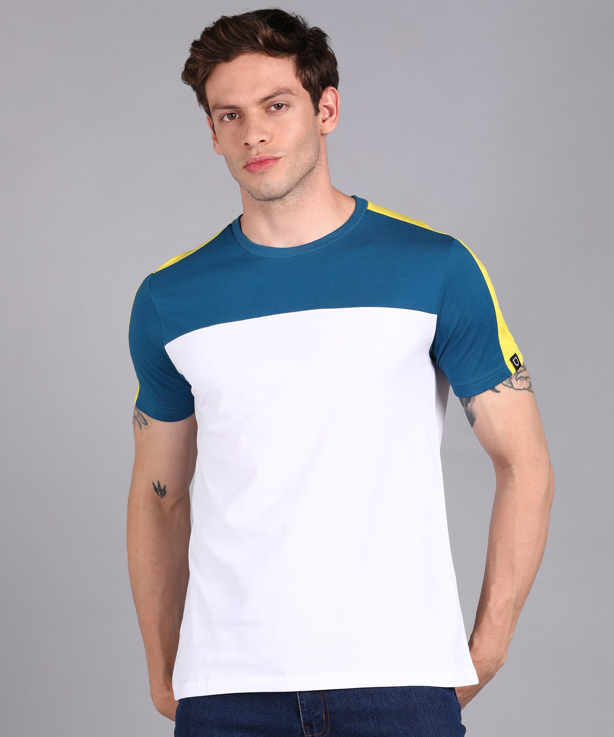 Men's Blue, White, Yellow Cotton Color-Block Slim Fit Half Sleeve T-Shirt