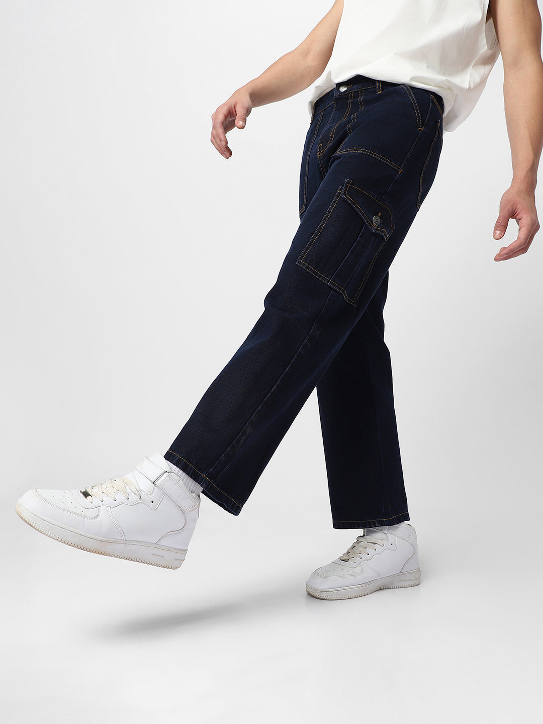 Men's Dark Blue Loose Fit Cargo Jeans with 6 Pockets Non-Stretchable