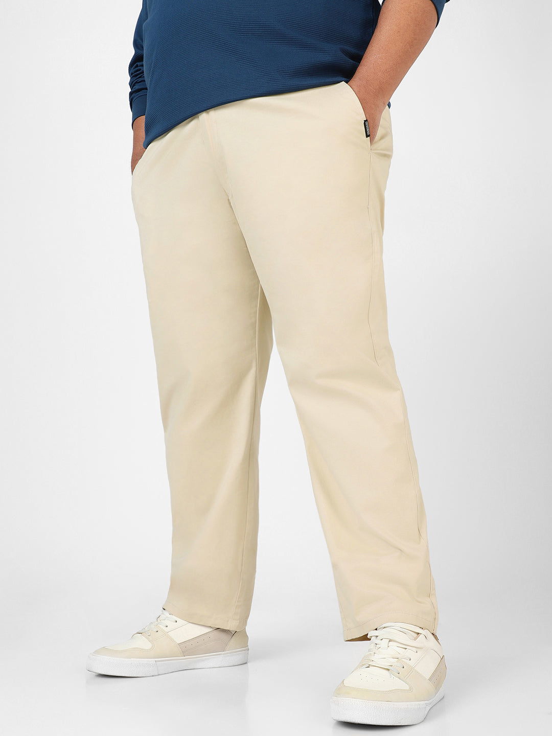 Plus Men's Cream Cotton Regular Fit Casual Chinos Trousers Stretch