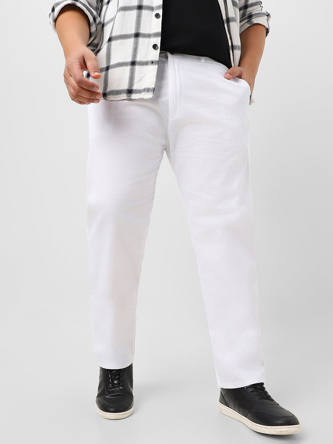 Plus Men's White Cotton Light Weight Non-Stretch Regular Fit Casual Trousers