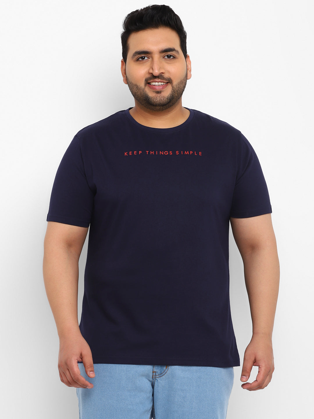Plus Men's Dark Blue Graphic Printed Half Sleeve Regular Fit Cotton T-Shirt