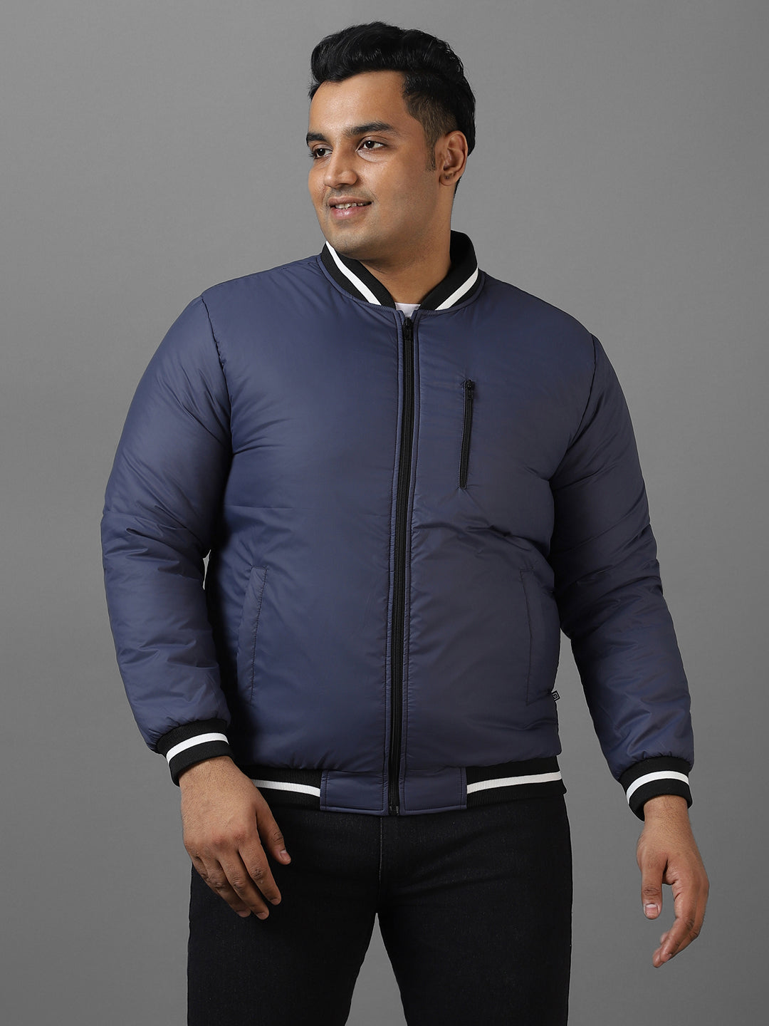 Plus Men's Blue Full Sleeve Zippered Bomber Jacket