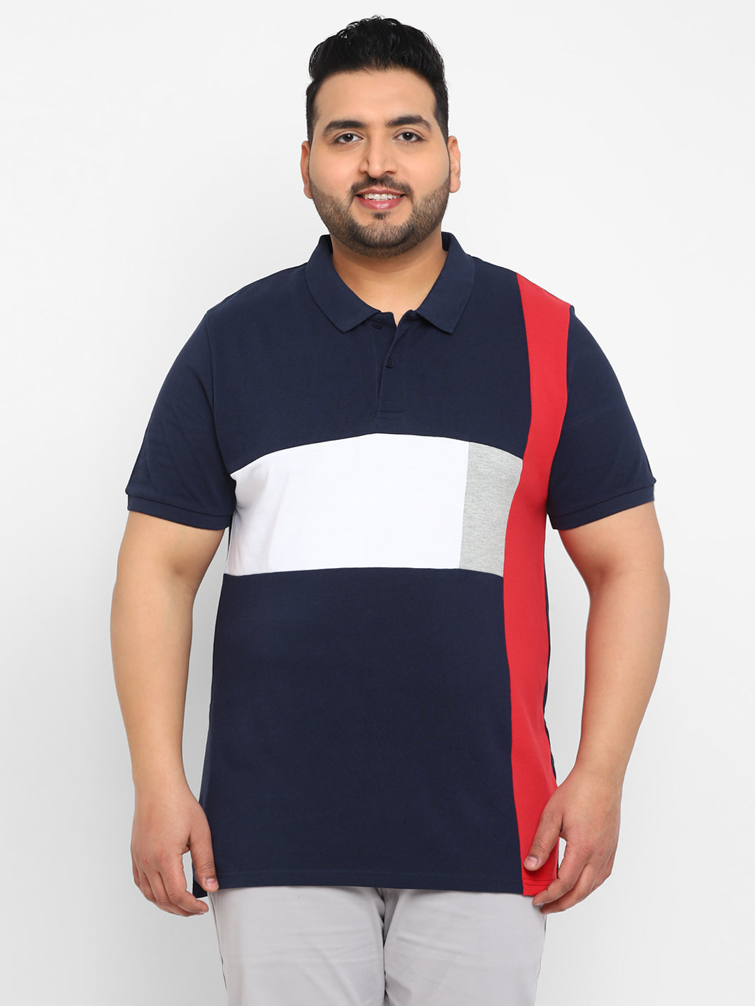 Plus Men's Navy Blue, White, Red Colour-Block Regular Fit Half Sleeve Cotton Polo T-Shirt