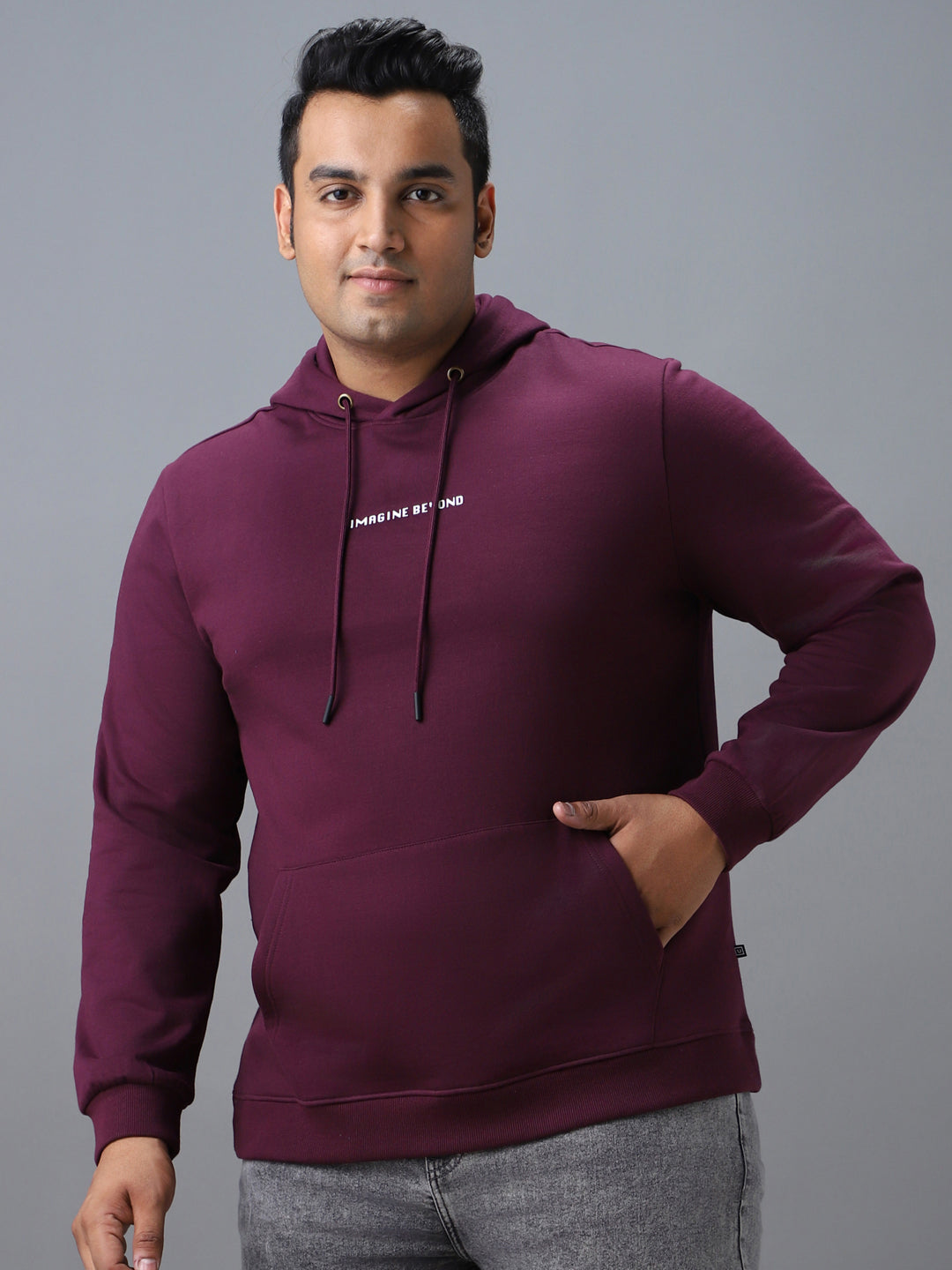 Plus Men's Purple Cotton Graphic Print Hooded Neck Sweatshirt