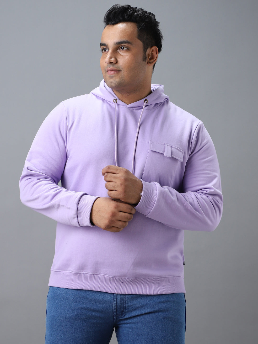 Plus Men's Purple Cotton Solid Hooded Neck Sweatshirt