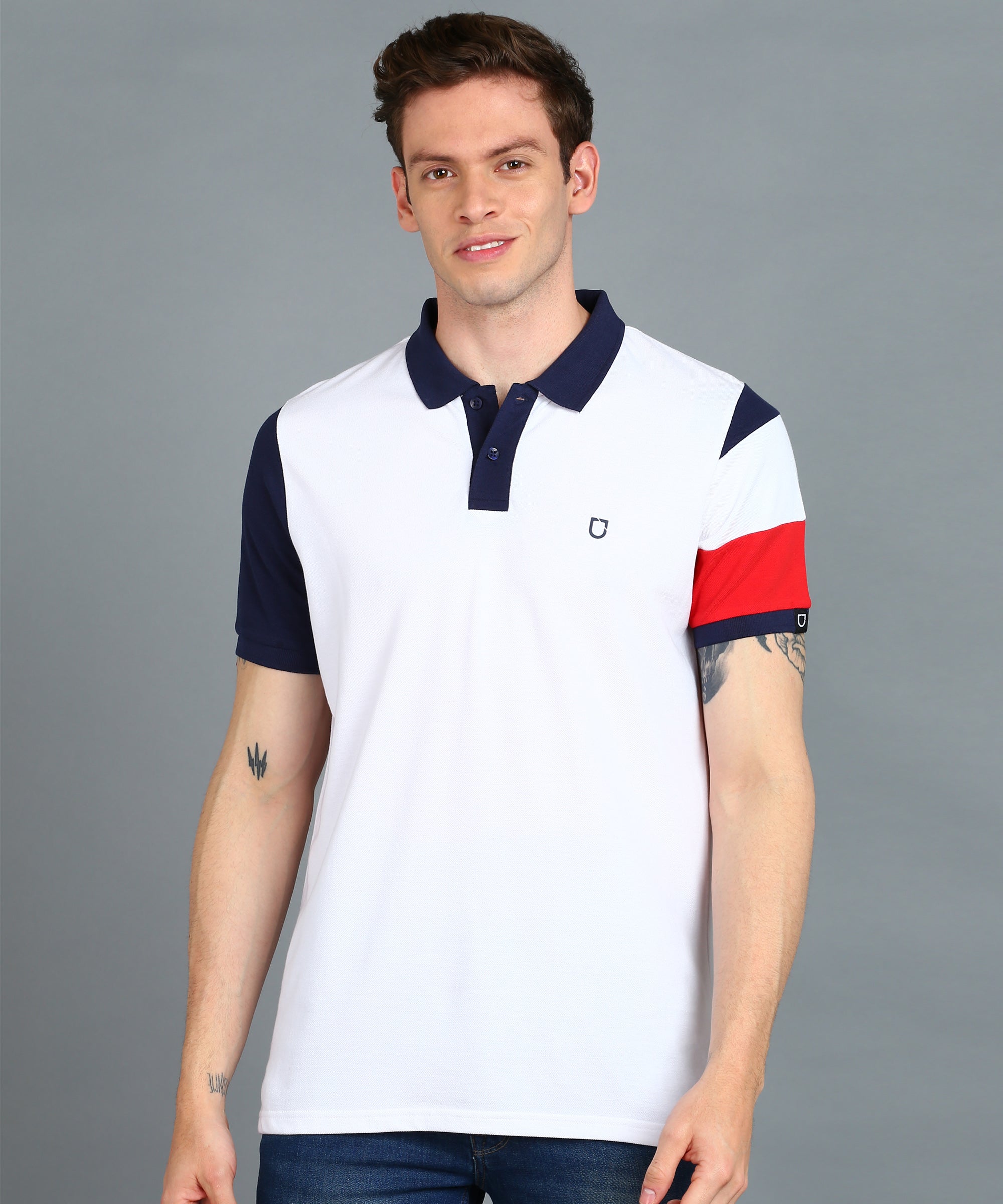 Men's White, Navy Blue, Red Colour-Block Slim Fit Half Sleeve Cotton Polo T-Shirt