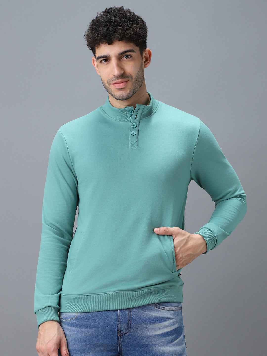 Men's Green Cotton Solid Button High Neck Sweatshirt
